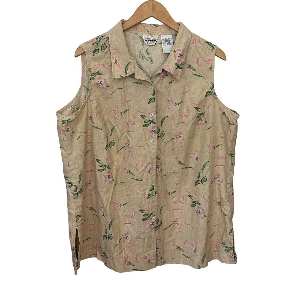 TR Bentley Plus Beige Floral Linen Blend Shirt Sleeveless Tunic Blouse Size 22